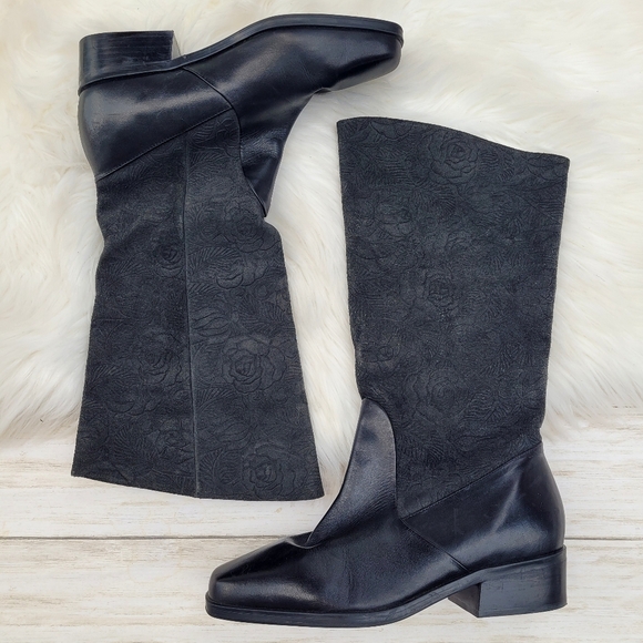 Vintage Markon Suela Black Leather Floral Embossed Tall Boots Women's 8.5 Wide - Picture 1 of 10